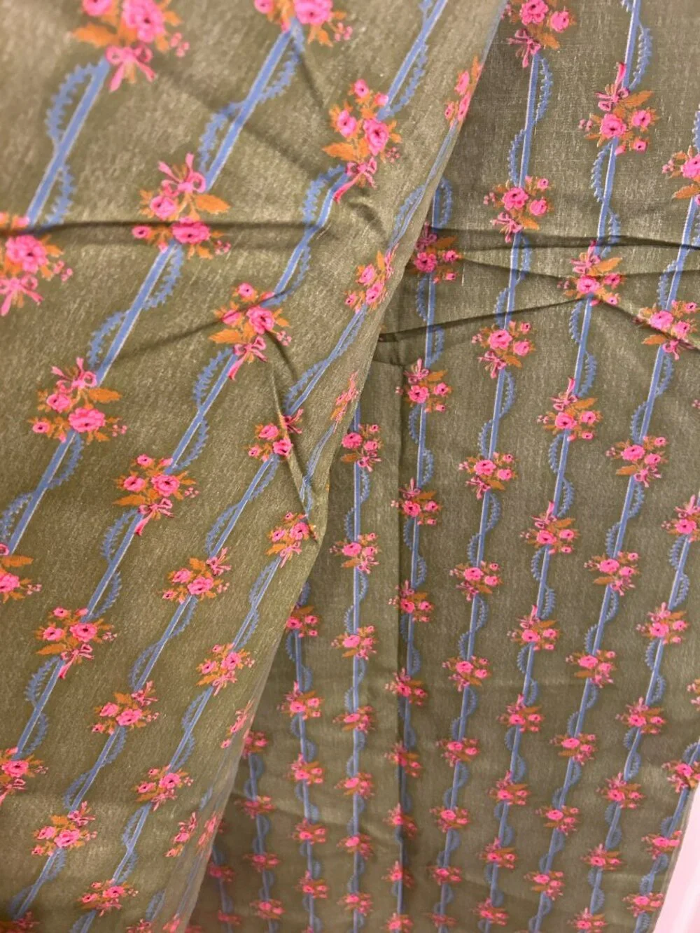 Vintage Green Pink Blue Floral Fabric Yardage 108 x 35 inches